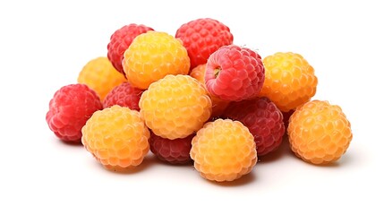 Fresh raspberries in vibrant red and yellow hues for healthy eating and delicious desserts on white background, perfect for summer promotions