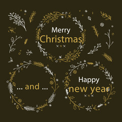 A collection of elegant Christmas wreaths drawn with golden and white botanical lines on a dark background. Includes holiday messages such as &ldquo;Merry Christmas&rdquo; and &ldquo;Happy New Year,&rdquo; creating a refined