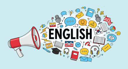 Megaphone blasting the word English surrounded by educational and communication icons.