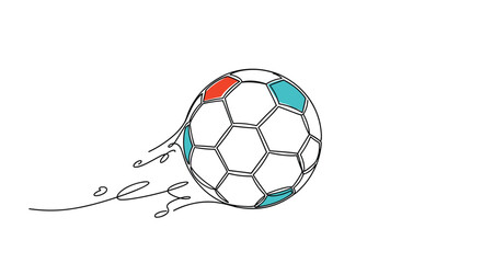 Minimalist single line drawing of a soccer ball with colored panels in motion, on a white background.