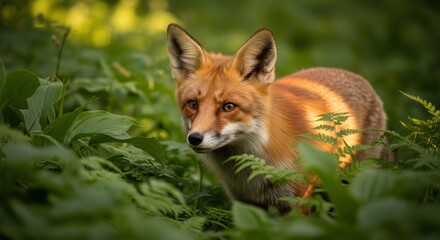 Fototapeta premium Red fox peeking from lush green foliage