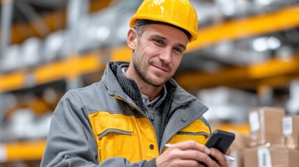 A warehouse worker dressed in safety gear uses his smartphone to manage tasks as he stands in a bustling distribution center filled with packages and shelves