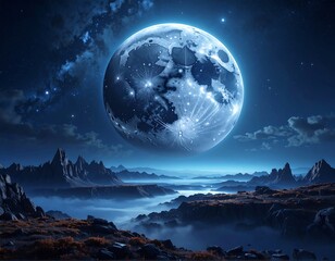 Dreamy landscape with a giant moon suspended above foggy mountains, with a starry sky