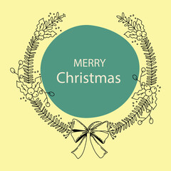 A delicate hand-drawn Christmas wreath with floral details framing a green circle featuring the text &ldquo;Merry Christmas.&rdquo; Soft yellow background adds a warm and elegant holiday feel.