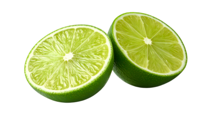 Two vibrant green lime halves, freshly cut, against black backdrop