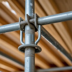 Close up of metal scaffolding clamp connecting pipes on wooden background construction