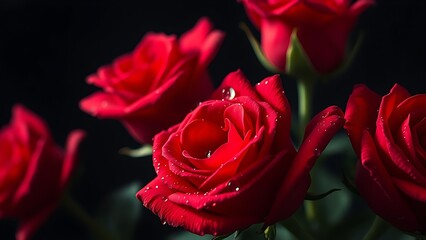Fototapeta premium genie. Macro shot of red roses with water droplets on a dark background. gardening catalogs, home-decor guides, designed for gardening and botanical catalogs, used by PR specialists.