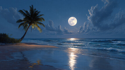 A tranquil night scene unfolds, with a full moon casting its gentle glow over a serene beach, palm tree adding to the coastal elegance