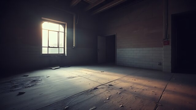 oligarchy. Urban ruin at dusk with soft light through a broken window onto a dusty floor. real-estate listings.