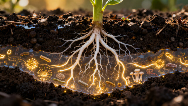 Interaction of plant metabolites with soil microbial - Glowing rhizosphere around plant roots showing soil microbiome, nutrients, and microbes in a realistic underground cross-section.
