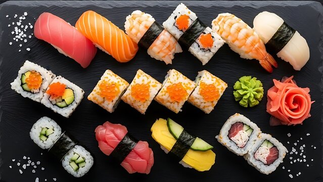 Colorful Sushi Variety on Black Stone Platter Delicious Japanese Cuisine - Powered by Adobe