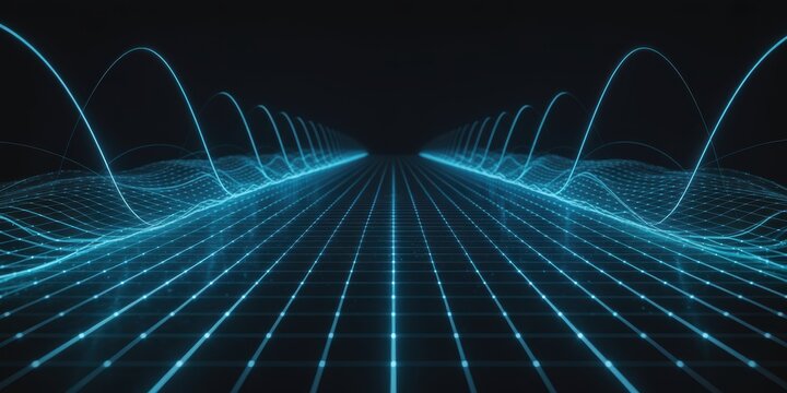 Glowing blue light waves flowing across a digital grid on a dark background