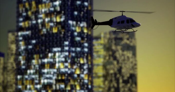A helicopter hovers above brightly lit skyscrapers in a bustling city. The twilight sky enhances the vibrant glow of windows, creating an energetic atmosphere.