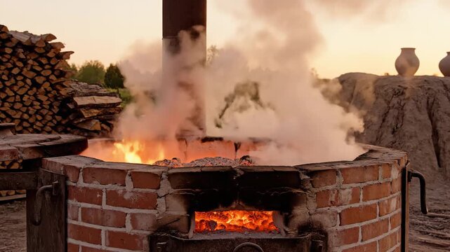 Traditional Brick Kiln Emits Thick White Smoke and Intense Flames Against a Warm Sunset Sky with Stacks of Firewood and Clay Pots in the Background