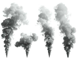 Four white and gray smoke plumes rising against a dark background