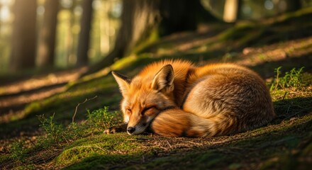 A red fox sleeps curled up on a mossy forest floor