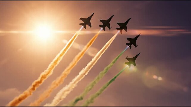 Fighter Jet Formation Republic Day Airshow With Saffron-White-Green Vapor Trails