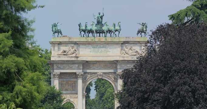 Simplon Gate (Porta Sempione) Triumphal Arch of Peace (Arco della Pace) of Milan city in Italy