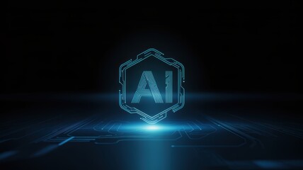 Glowing hexagonal symbol representing artificial intelligence on a dark circuit background