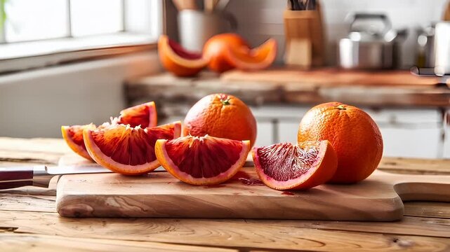 sliced blood oranges on a wooden cutting board with a knife, ready to be used for slicing them. The scene is set in a kitchen with a rustic wooden table and a white countertop.