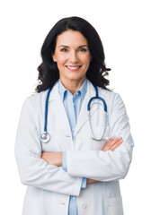 Fototapeta premium Smiling female doctor wearing a white lab coat and stethoscope with arms crossed isolated on transparent background
