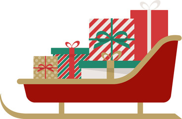 Vector illustration of a traditional red Christmas sleigh filled with assorted gift boxes and presents for the holiday season.