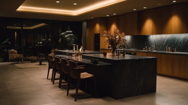 Soft lighting creates a warm atmosphere in this stylish kitchen, where a long marble island is surrounded by elegant chairs. The space invites relaxation and conversation, perfect for gatherings