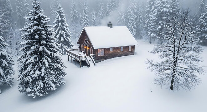 A snow covered cabin nestled among snow covered pine trees on a foggy winter day in the mountains ai generated