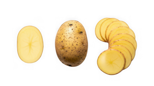 Whole potato, slice and circular potato slices isolated on white background