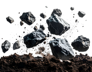 Jagged dark rocks violently shattering upwards from dirt with debris