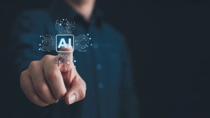 Human finger pressing a glowing advanced machine learning concept button on a dark background