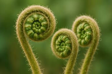 Fiddlehead ferns unfurling, visualizing new growth, life cycle, and fractal patterns in nature
