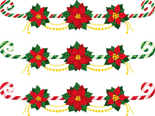 Christmas borders with candy canes and poinsettia. Winter holiday dividers. Vector isolated decorations 