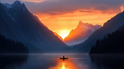 A person paddles a kayak on a calm lake at sunset, surrounded by mountains and trees, creating a serene and picturesque landscape.