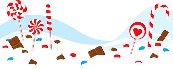 Christmas border from snow, candy canes chocolate and other sweets