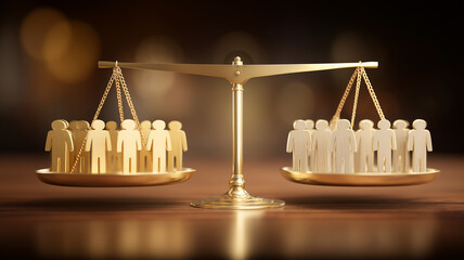 A golden balance scale comparing groups of people symbolizing equality, justice and the broader concept of evaluating fairness within collective social or organizational contexts.
