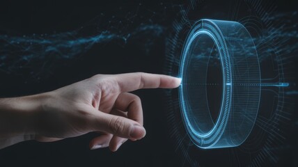 Human hand touching glowing futuristic digital interface button on a dark background
