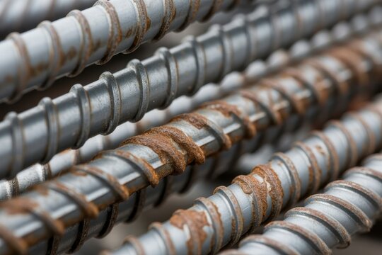 Macro close up of rusted steel rebar rods in a pile metal construction