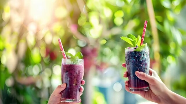 A closeup image of two hands holding glasses of blueberry juice against a blurred green background. The hands are positioned in a way that suggests they are presenting the juice to the viewer.