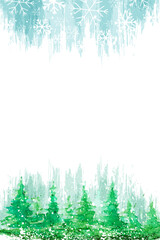 Winter forest. Vector illustration with fir trees and snowflake borders.