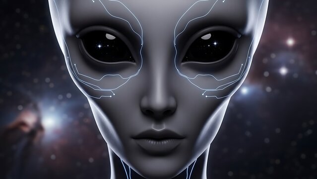 Close up of a grey alien face with large black eyes and glowing circuit patterns against a cosmic background creating a science fiction and futuristic concept
