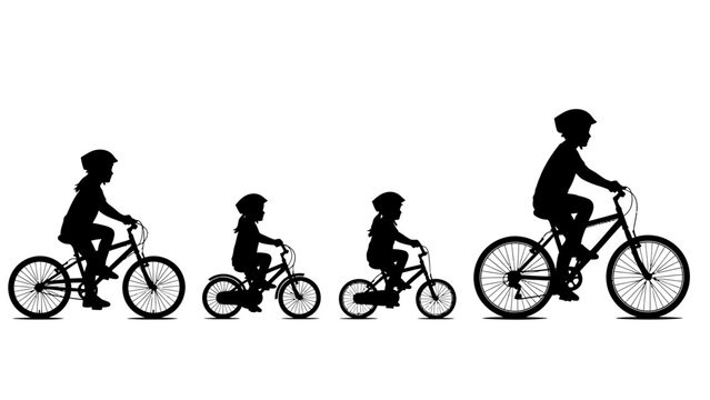 Progression of a child learning to ride a bicycle, depicted in a silhouette showing different ages and bike sizes