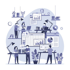 Team of business professionals working together in an office environment analyzing data and reports.