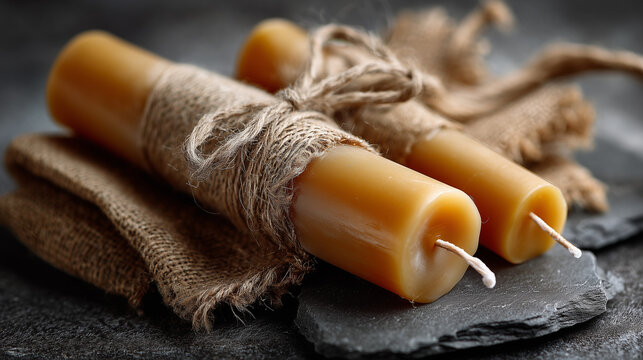 Ai candles wrapped in burlap resting on dark slate providing a warm, cozy atmosphere in an indoor setting