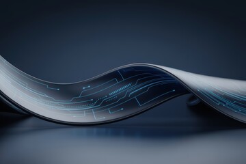 Wavy circuit board ribbon with glowing blue lines representing digital data flow