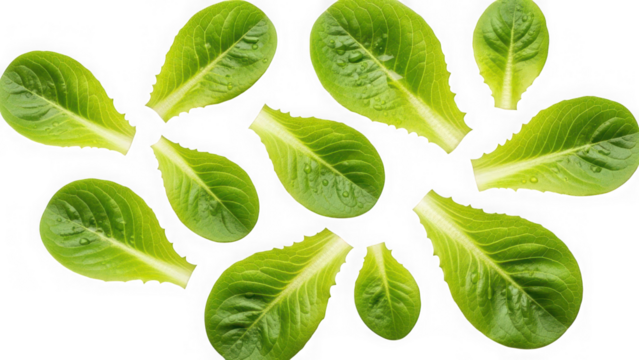 Fresh green lettuce leaves with water droplets, isolated on white background