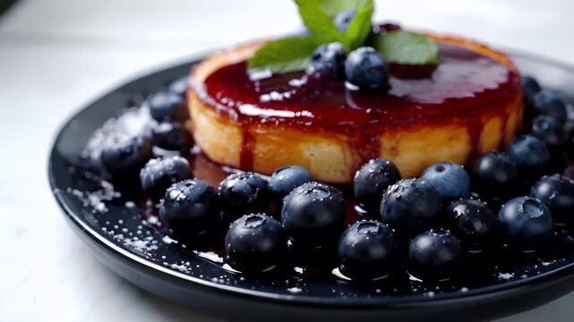 A closeup of a dessert with blueberries and syrup on a black plate. The dessert appears to be a flan or custard cake with a glossy berry sauce and fresh blueberries on top.
