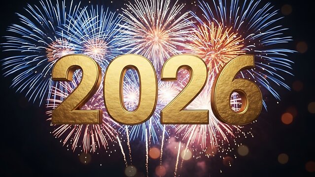 Golden year 2026 number displayed over colorful fireworks explosion