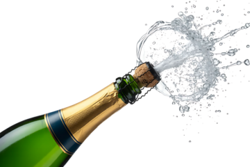 Champagne bottle popping isolated on transparent background, celebrating a special occasion