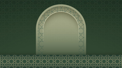 Islamic background with mosque arch in green ornamental background. luxury islamic background